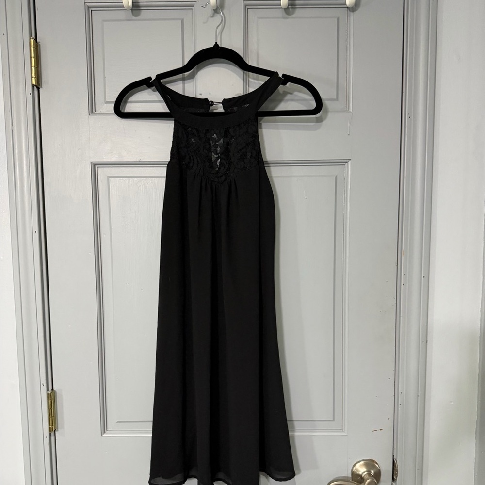 Black Chiffon Halter Dress Lace Bodice A Line Flowy Midi Formal Evening